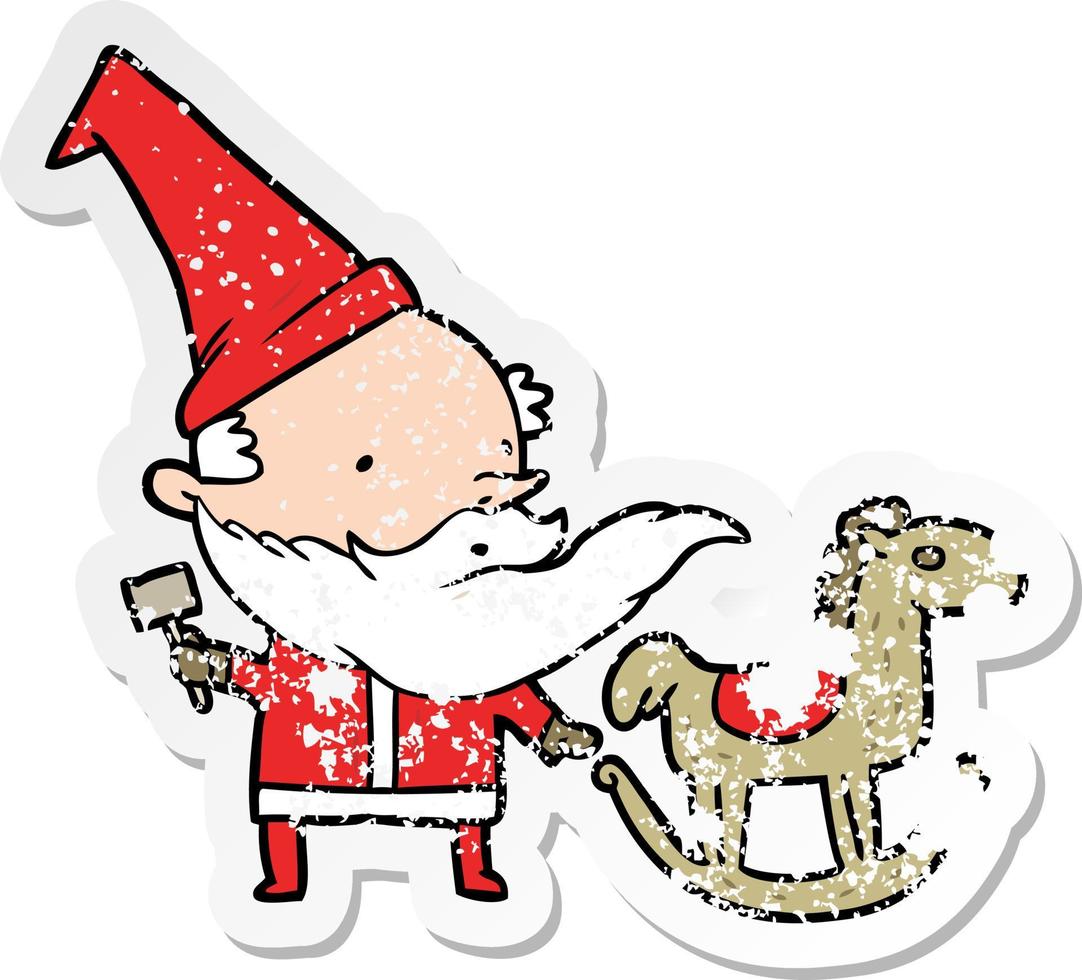 distressed sticker of a cartoon santa making toy vector