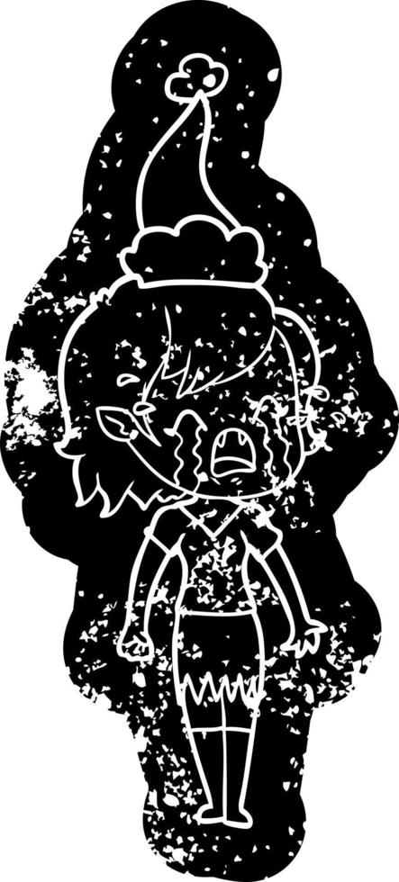 cartoon distressed icon of a crying vampire girl wearing santa hat vector