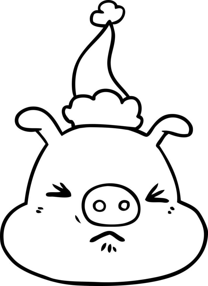 line drawing of a angry pig face wearing santa hat vector