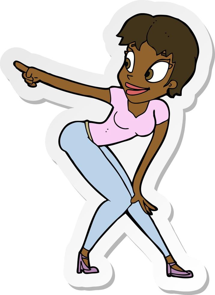 sticker of a cartoon pretty woman pointing vector