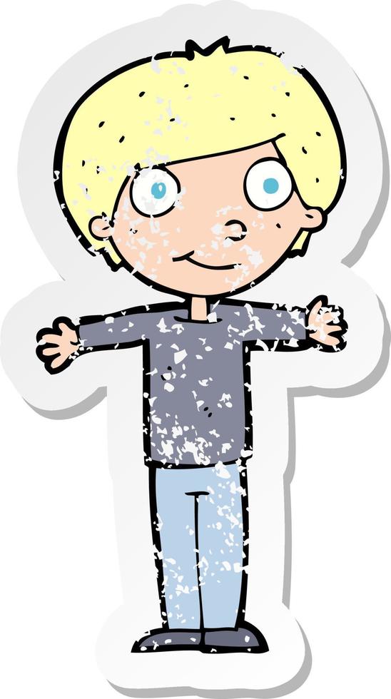 retro distressed sticker of a cartoon happy boy with open arms vector