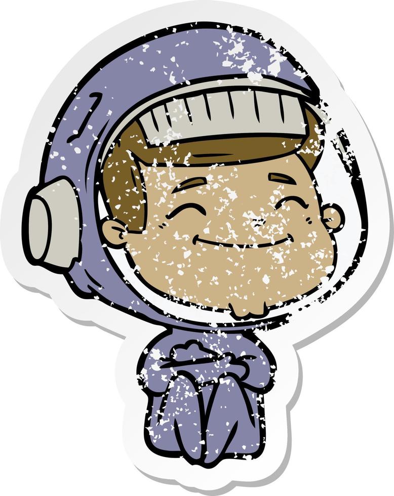 distressed sticker of a happy cartoon astronaut vector