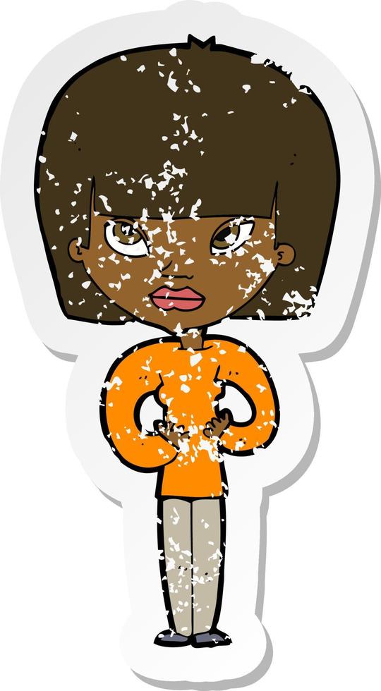 retro distressed sticker of a cartoon woman gesturing at herself vector