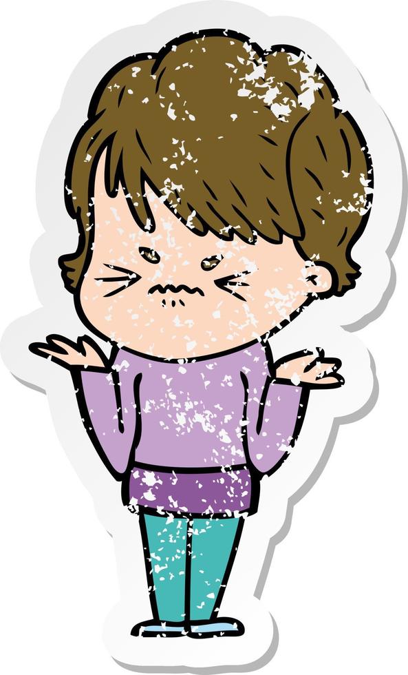 distressed sticker of a cartoon frustrated woman vector