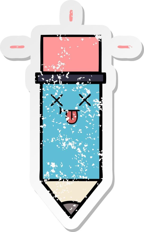 distressed sticker of a cute cartoon pencil vector