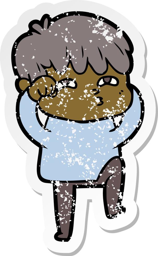 distressed sticker of a cartoon curious man vector
