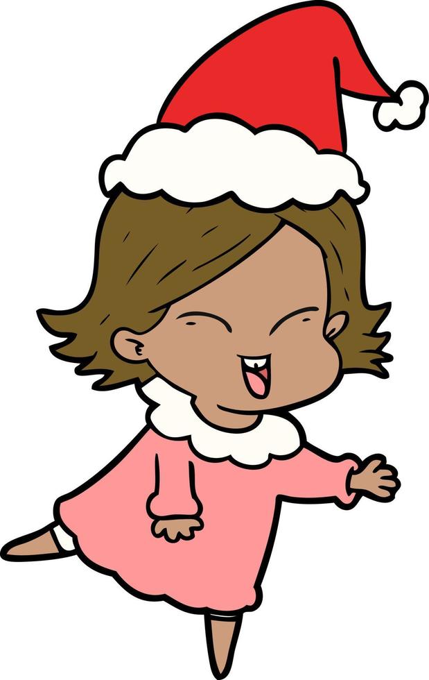 happy line drawing of a girl wearing santa hat vector