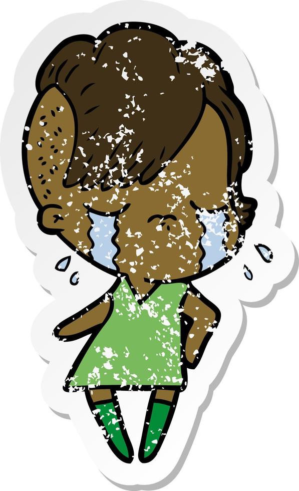 distressed sticker of a cartoon crying girl vector