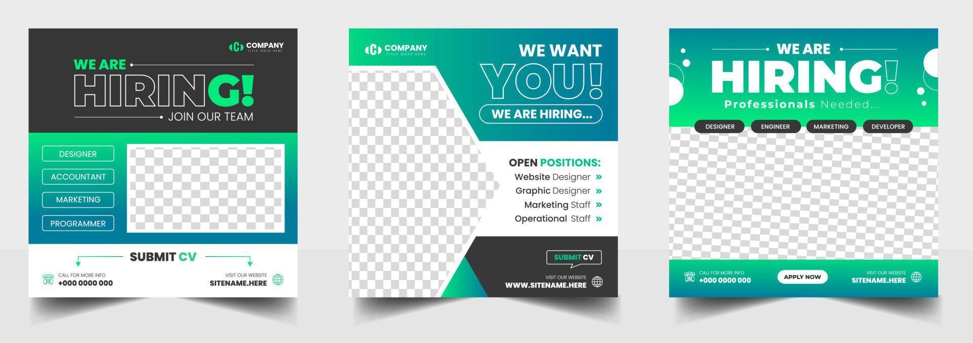 We are hiring job vacancy social media post banner design template with green color. We are hiring job vacancy square web banner design. vector