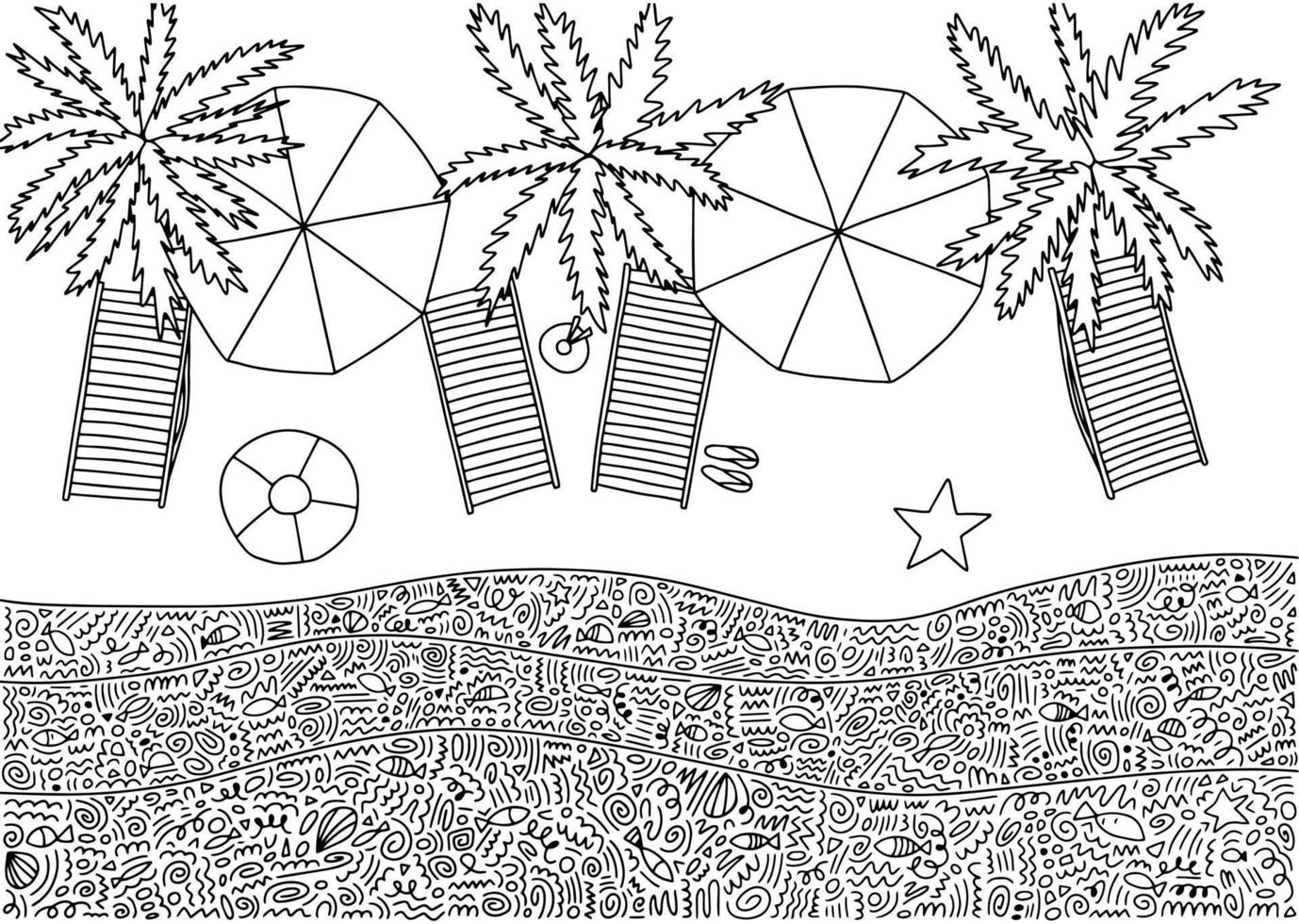 Summer beach coloring page top view. Vector hand drawn sunny beach top view with palms umbrellas and chaise lounges. Coloring book for children and adults.