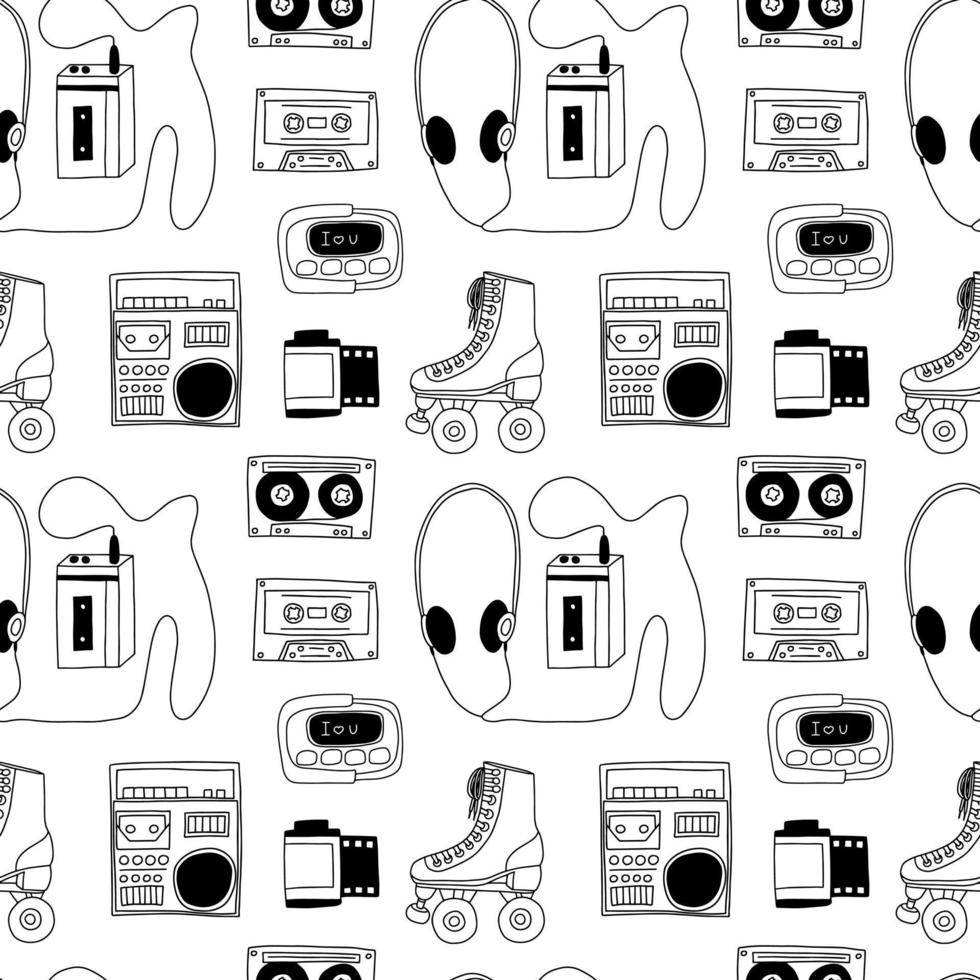 90's party vector seamless pattern. Doodle cassette player, boombox, roller skate, cassette, pager isolated on white background.