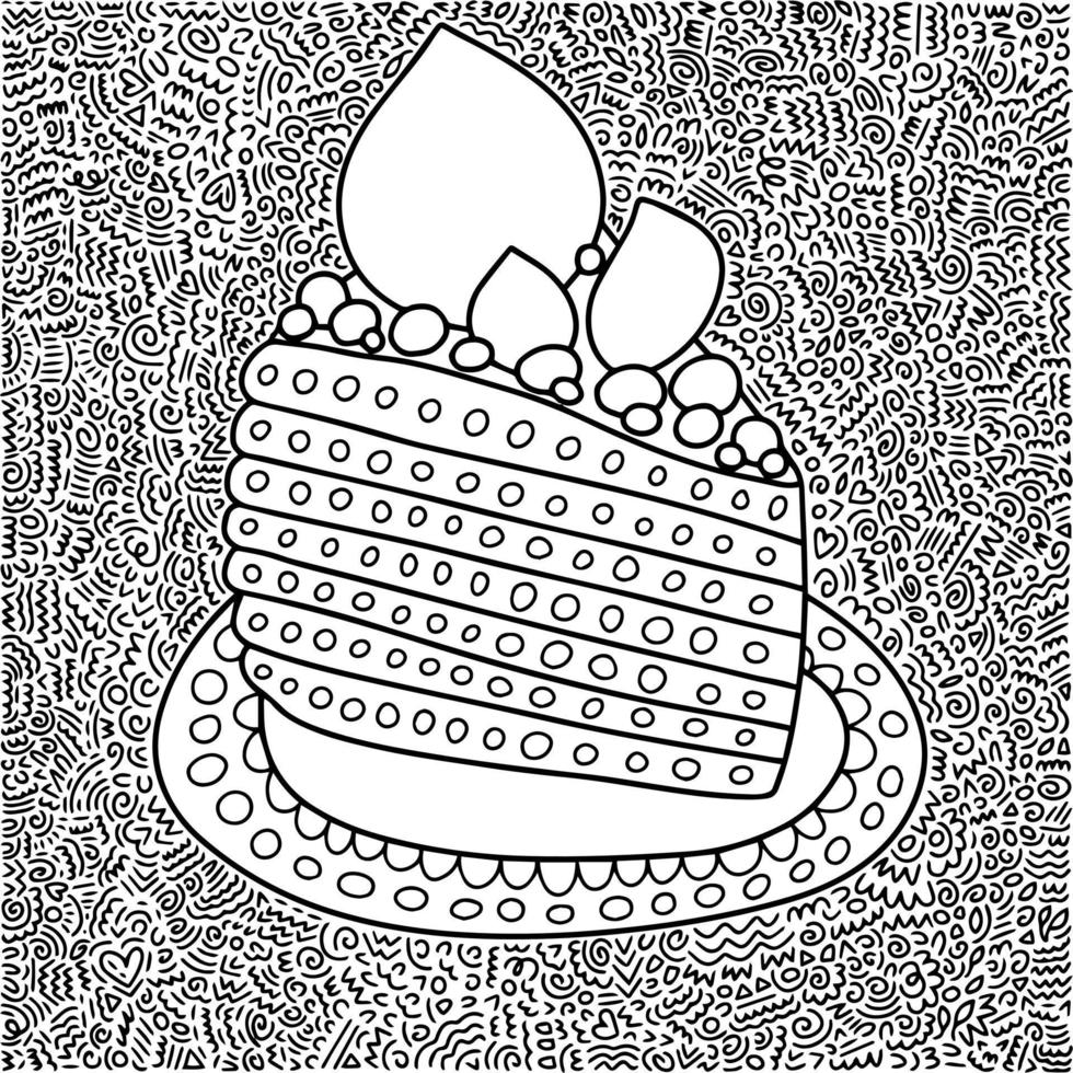 Slice of cake on plate vector coloring page. Cute coloring page for children and adults with tasty dessert.
