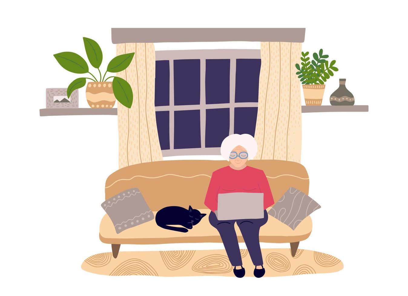 Old woman with grey hair using laptop on sofa at home. Cute granny surfing internet in home interior vector flat illustration