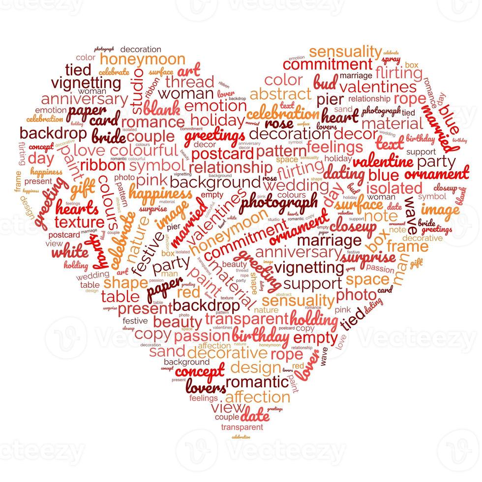 Love word cloud isolated typography illustration on a white background. heart made of words love. Shape silhouette for cutting and wall sticker. photo