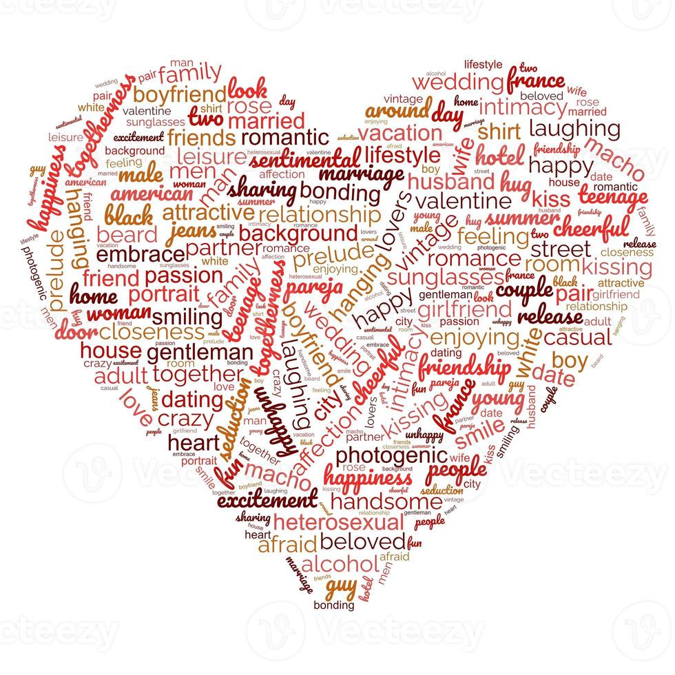 amor palabra nube aislado tipografía ilustración sobre un fondo blanco. corazón hecho de palabras amor. silueta de forma para cortar y etiqueta de la pared. foto