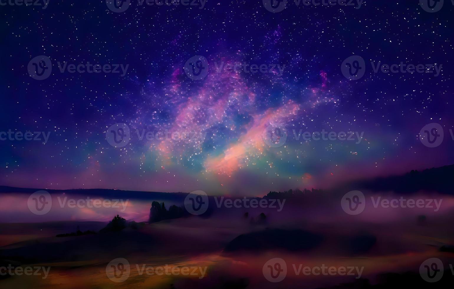 Night landscape with colorful Milky Way and mountains. Starry sky with hills at summer. Beautiful Universe. Space background photo