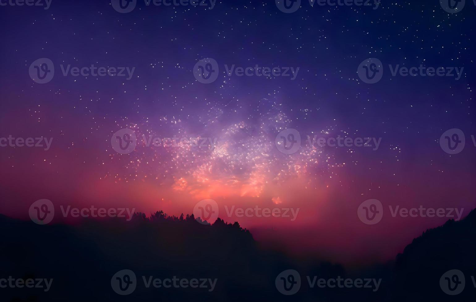 Milky Way and pink light at mountains. Night colorful landscape. Starry sky with hills at summer. Beautiful Universe. Space background with galaxy. Travel background photo