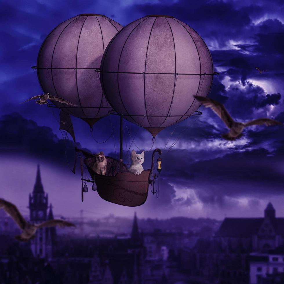 Fantasy Fly Cats Hot Air Balloon Cityscape Wallpaper photo