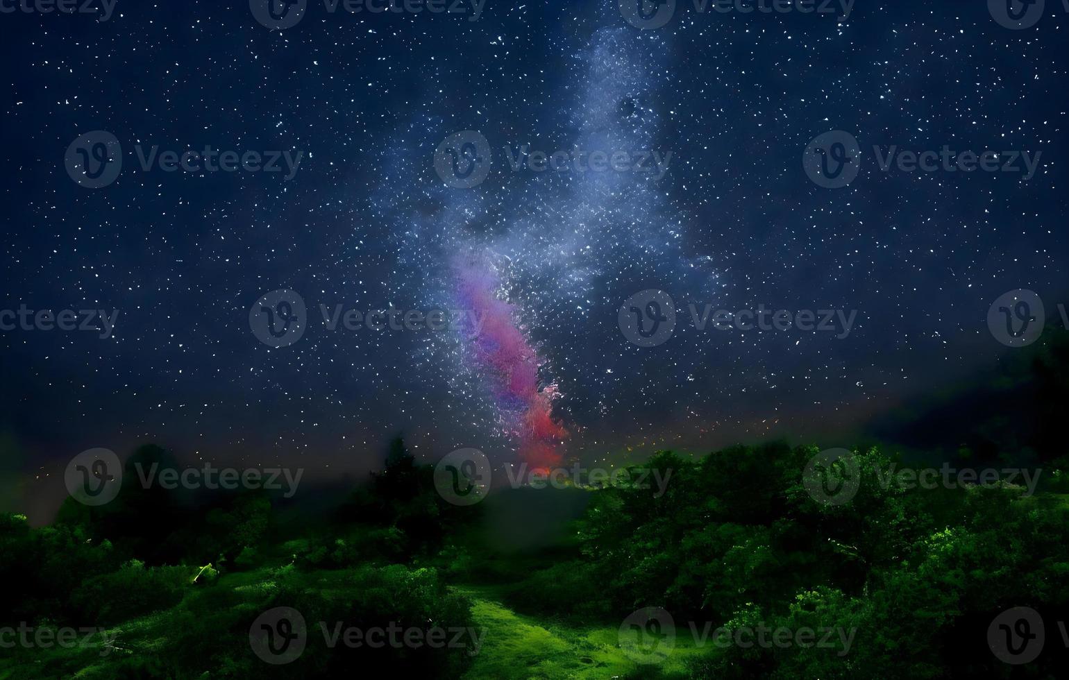 Milky Way and pink light at mountains. Night colorful landscape. Starry sky with hills at summer. Beautiful Universe. Space background with galaxy. Travel background photo