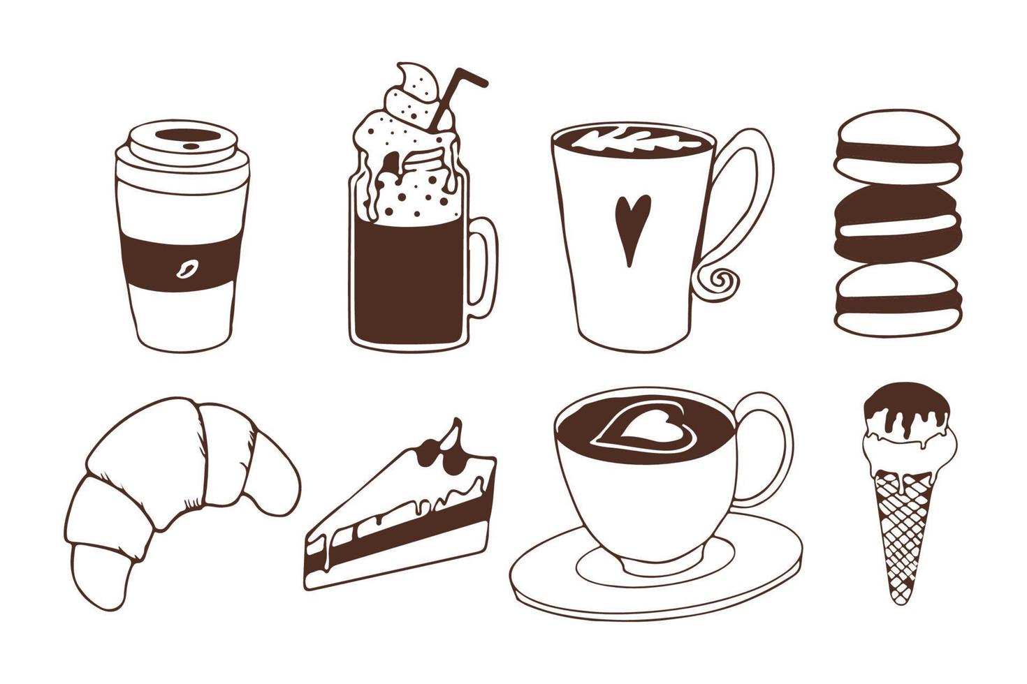 Coffee and desserts set in doodle style. Collection pastry, ice cream, sweet food and beverage. Cafe or shop elements. Vector illustration