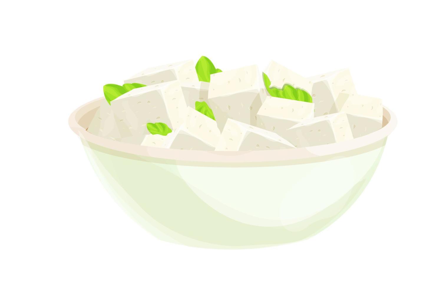 Feta cheese pieces in bowl in cartoon style detailed ingredient isolated on white background. Greek curd white cheese made from ships milk or milk bean. . Vector illustration