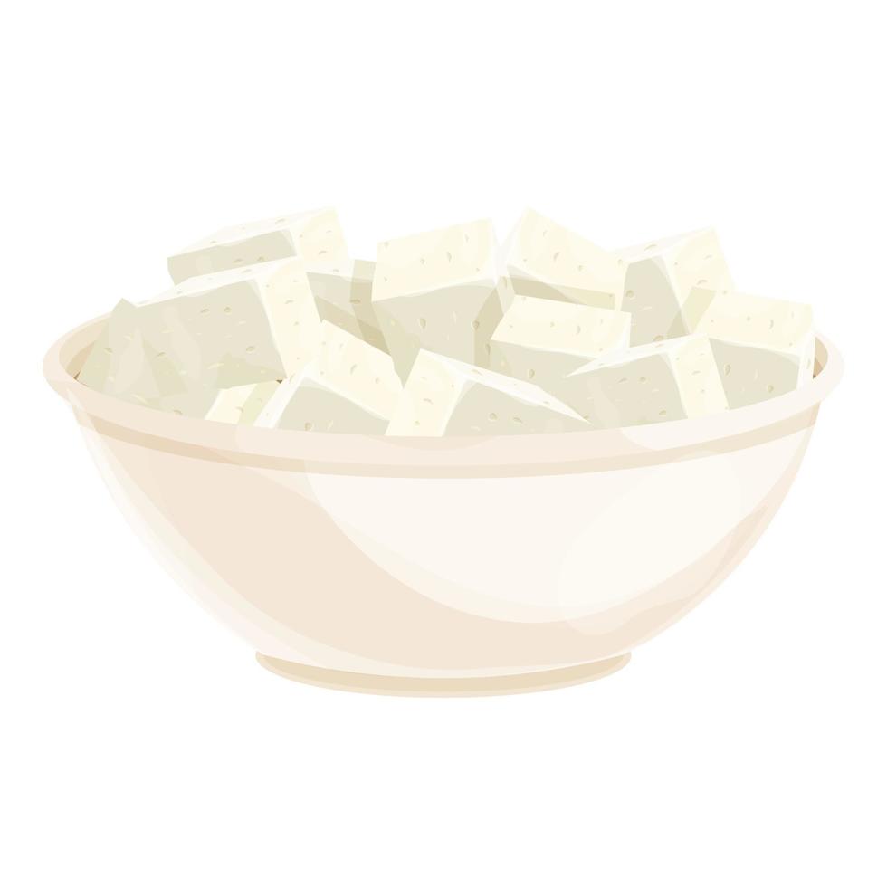Feta cheese pieces in bowl in cartoon style detailed ingredient isolated on white background. Greek curd white cheese made from sheep milk or milk bean. . Vector illustration