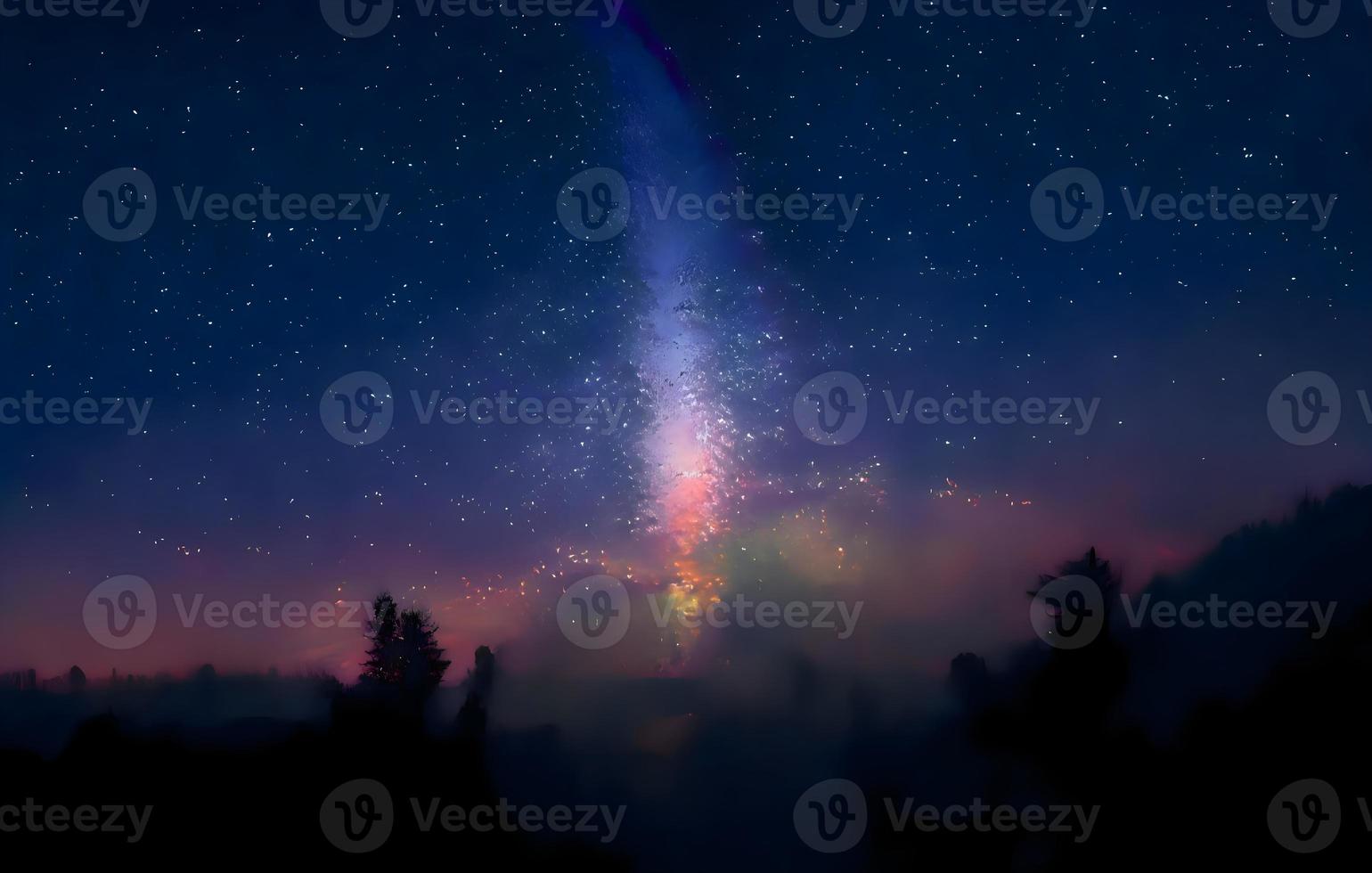 Night landscape with colorful Milky Way and mountains. Starry sky with hills at summer. Beautiful Universe. Space background photo