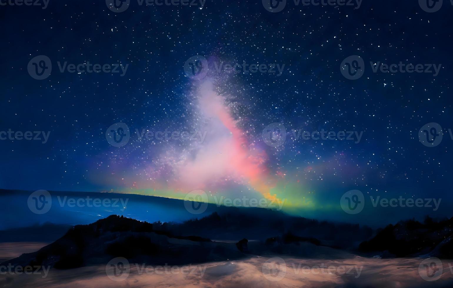 Night landscape with colorful Milky Way and mountains. Starry sky with hills at summer. Beautiful Universe. Space background photo