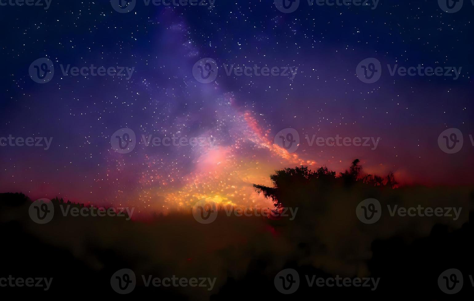 Milky Way and pink light at mountains. Night colorful landscape. Starry sky with hills at summer. Beautiful Universe. Space background with galaxy. Travel background photo