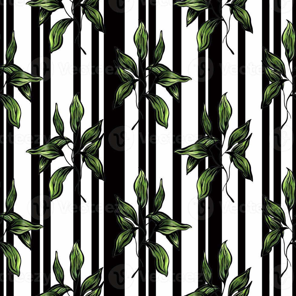 pattern with green leaves on a striped black and white background photo