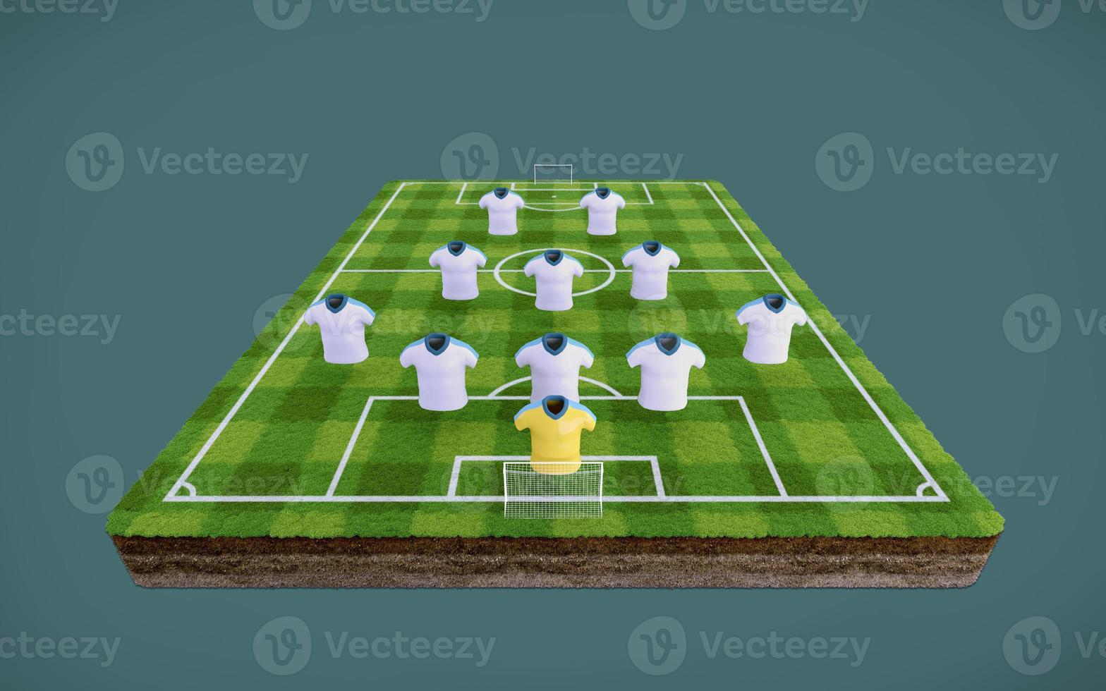 campo de fútbol y camisetas de fútbol en blanco con formación 5-3-2. Representación 3d foto