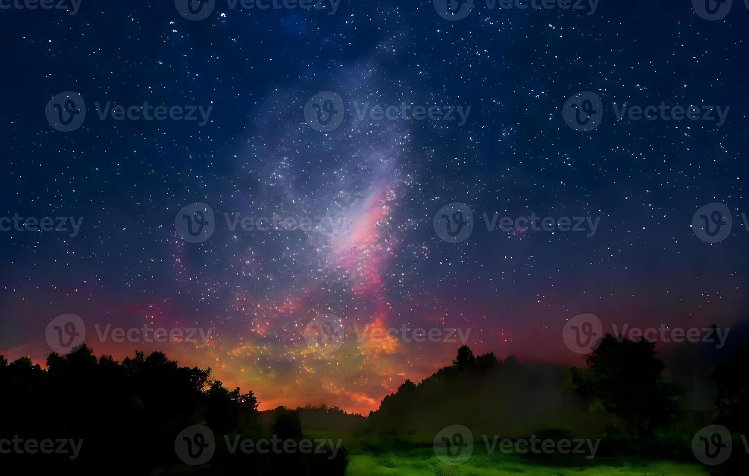 Night landscape with colorful Milky Way and mountains. Starry sky with hills at summer. Beautiful Universe. Space background photo