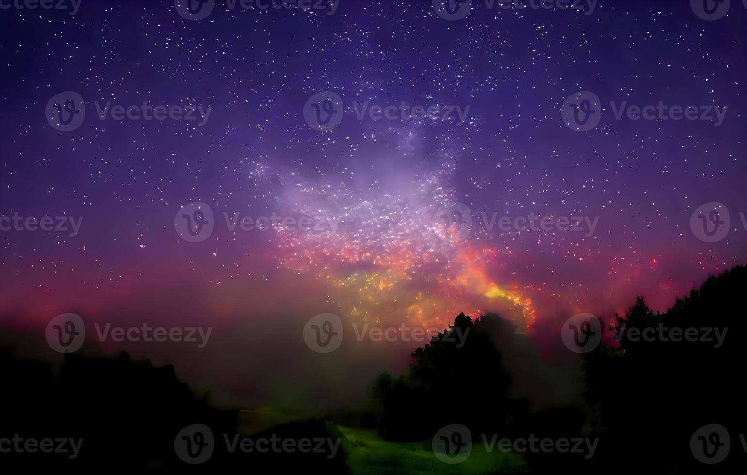 Night landscape with colorful Milky Way and mountains. Starry sky with hills at summer. Beautiful Universe. Space background photo