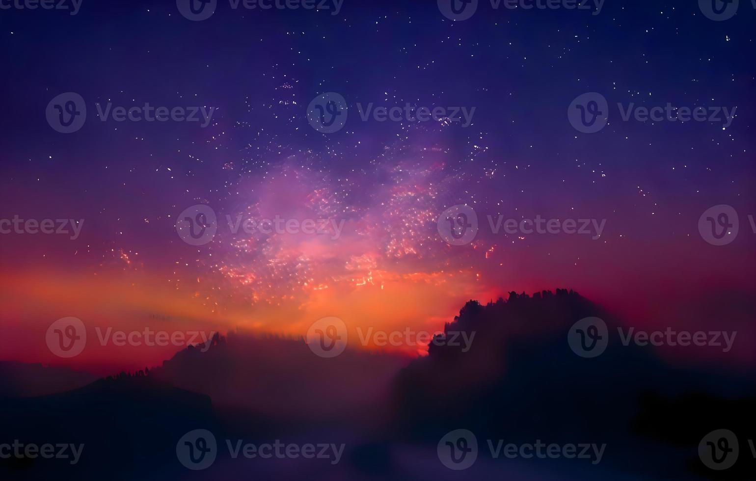 Milky Way and pink light at mountains. Night colorful landscape. Starry sky with hills at summer. Beautiful Universe. Space background with galaxy. Travel background photo