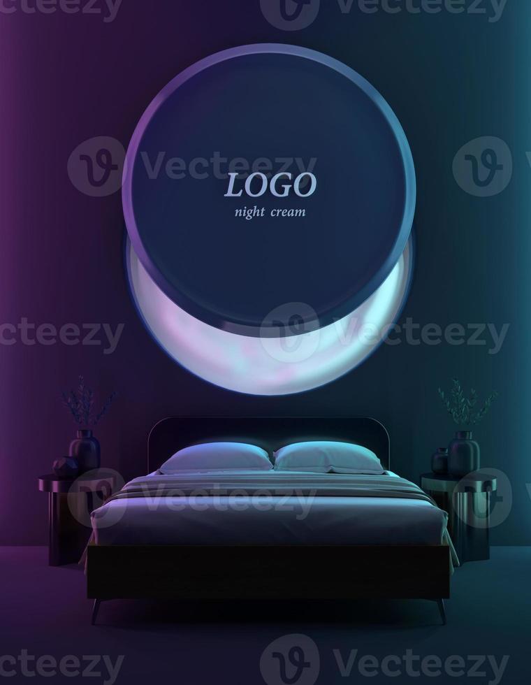 Night cosmetic.Open jar with skin care night cream with bed.Concept for advertisement.3d rendering photo