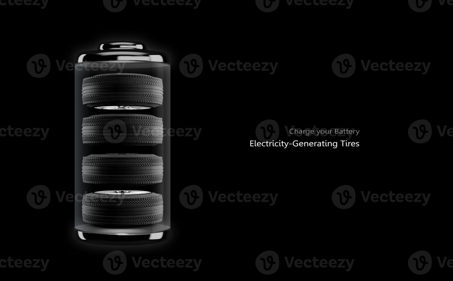 Battery icon with 4 tires inside on black background.Car power concept.Electricity tiles.3d rendering photo