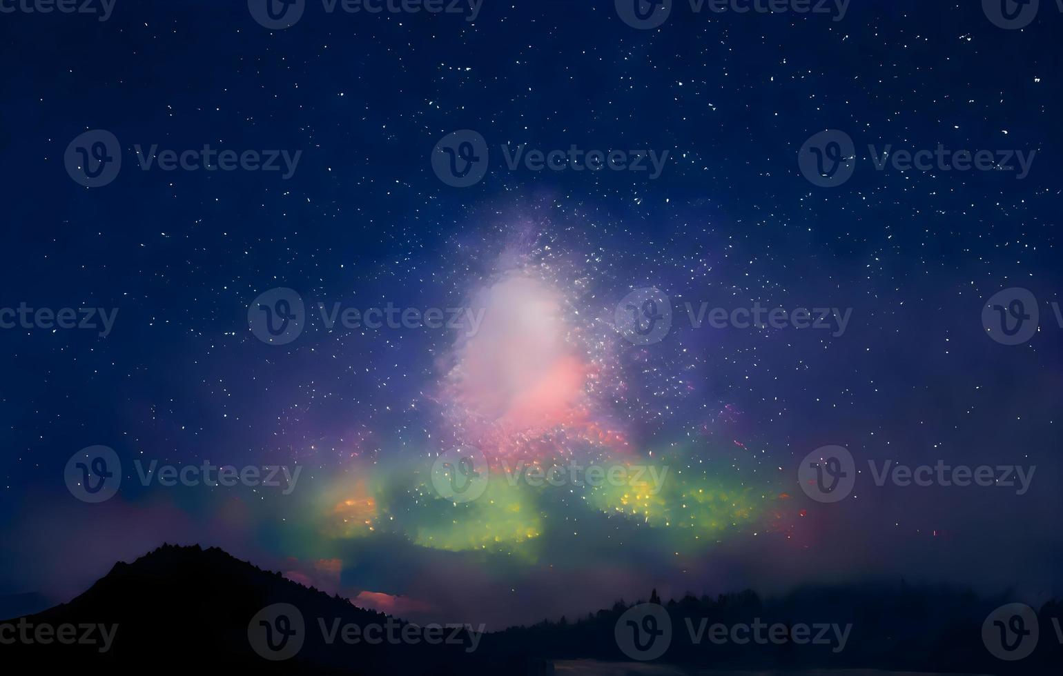 Night landscape with colorful Milky Way and mountains. Starry sky with hills at summer. Beautiful Universe. Space background photo
