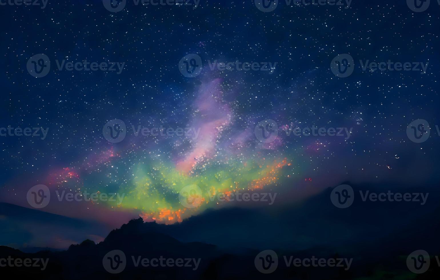 Night landscape with colorful Milky Way and mountains. Starry sky with hills at summer. Beautiful Universe. Space background photo