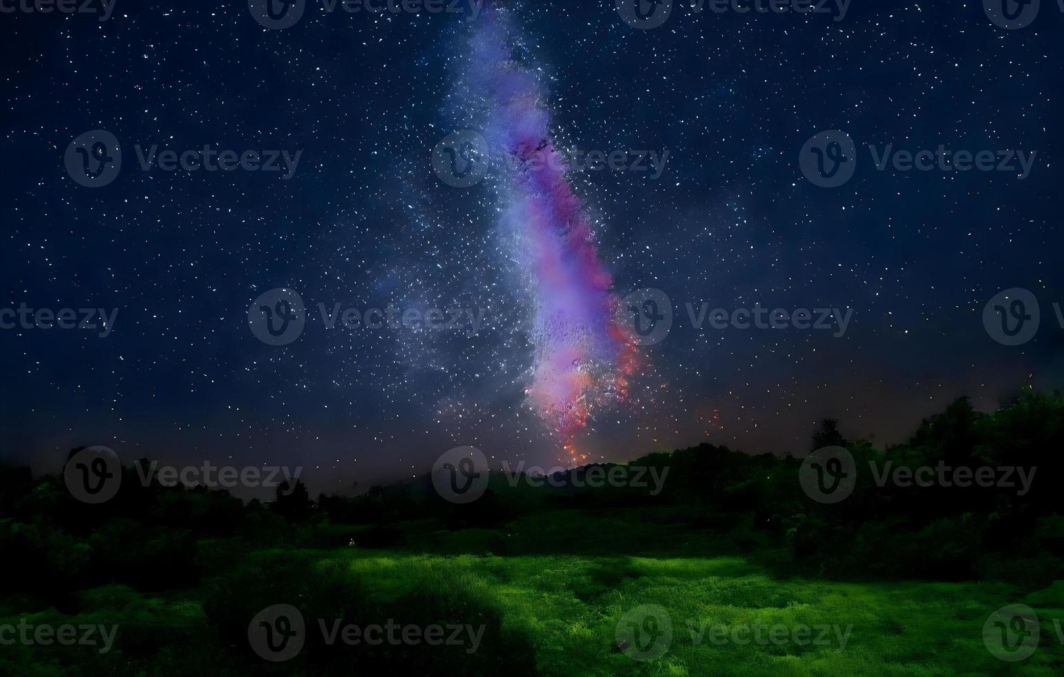 Night landscape with colorful Milky Way and mountains. Starry sky with hills at summer. Beautiful Universe. Space background photo