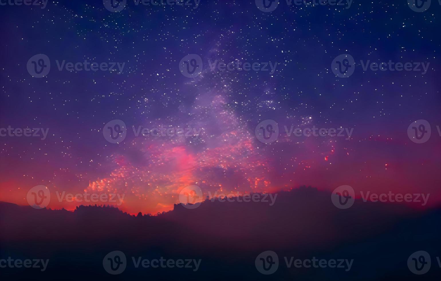 Milky Way and pink light at mountains. Night colorful landscape. Starry sky with hills at summer. Beautiful Universe. Space background with galaxy. Travel background photo
