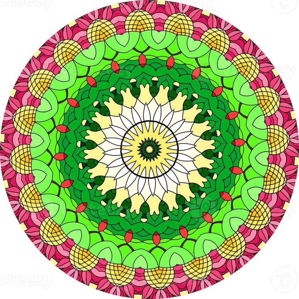 fondo de diseño de mandala colorido. forma de flor inusual. oriental. patrones de terapia antiestrés. elementos de diseño de tejido foto