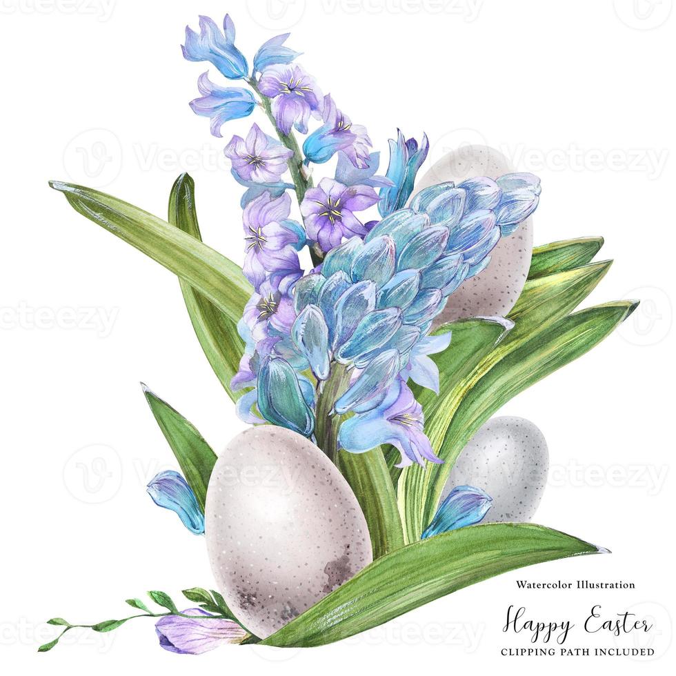 Easter watercolor bouquet with hyachinth flowers and bird eggs photo