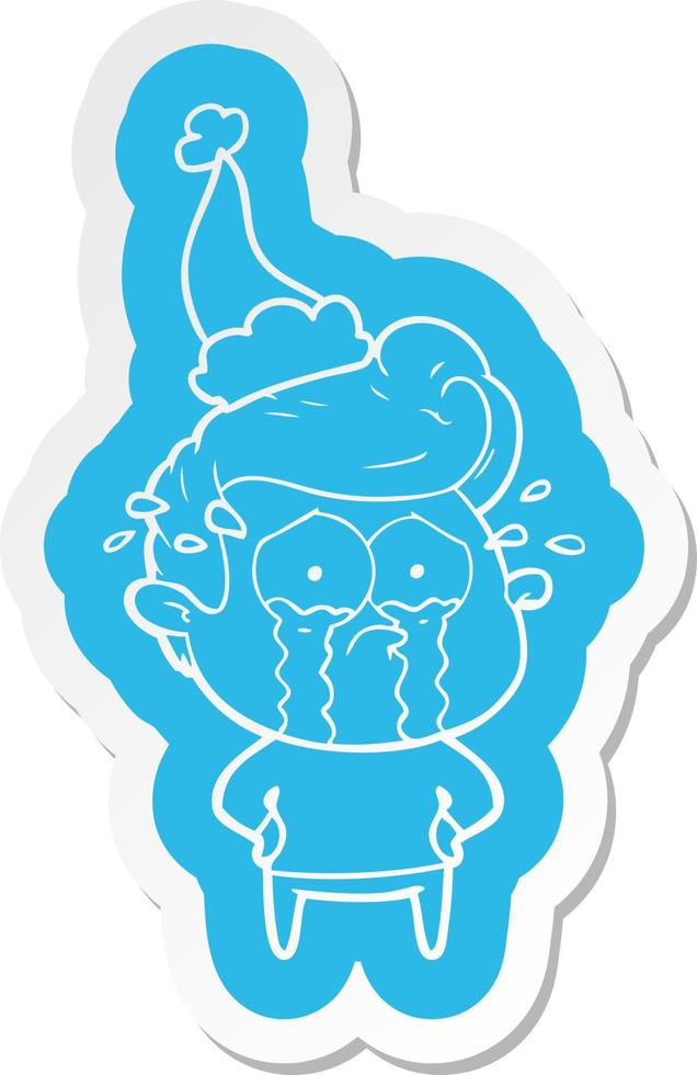 cartoon  sticker of a crying man wearing santa hat vector