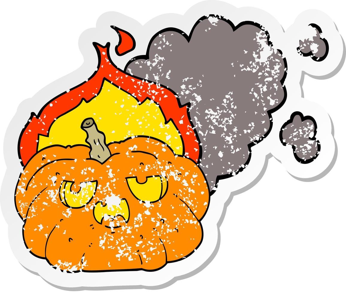 distressed sticker of a cartoon flaming halloween pumpkin vector