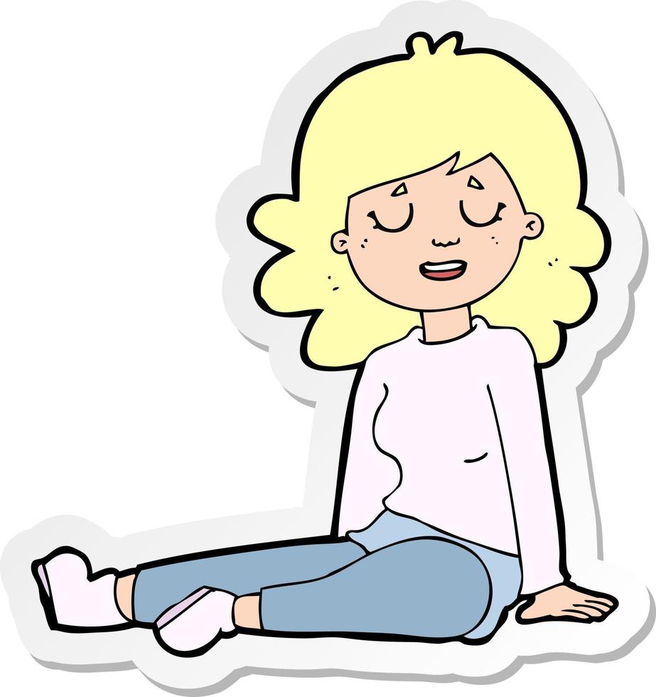 sticker of a cartoon happy woman sitting on floor vector