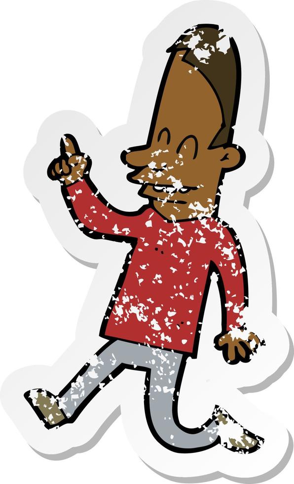 retro distressed sticker of a cartoon happy man pointing vector