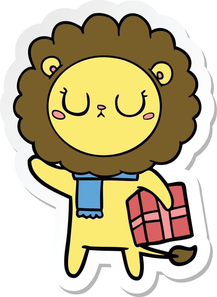 sticker of a cartoon lion with christmas present vector