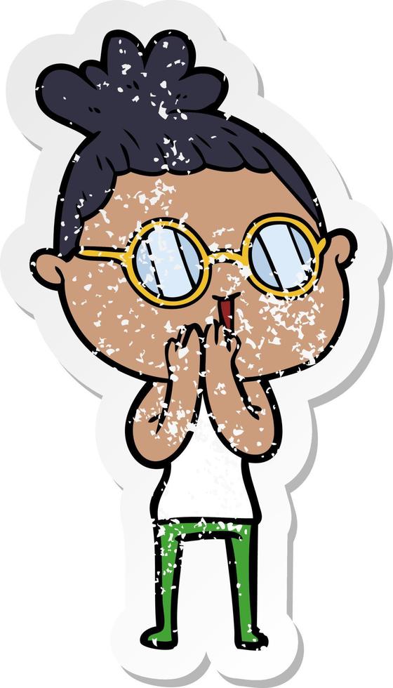 distressed sticker of a cartoon woman wearing spectacles vector