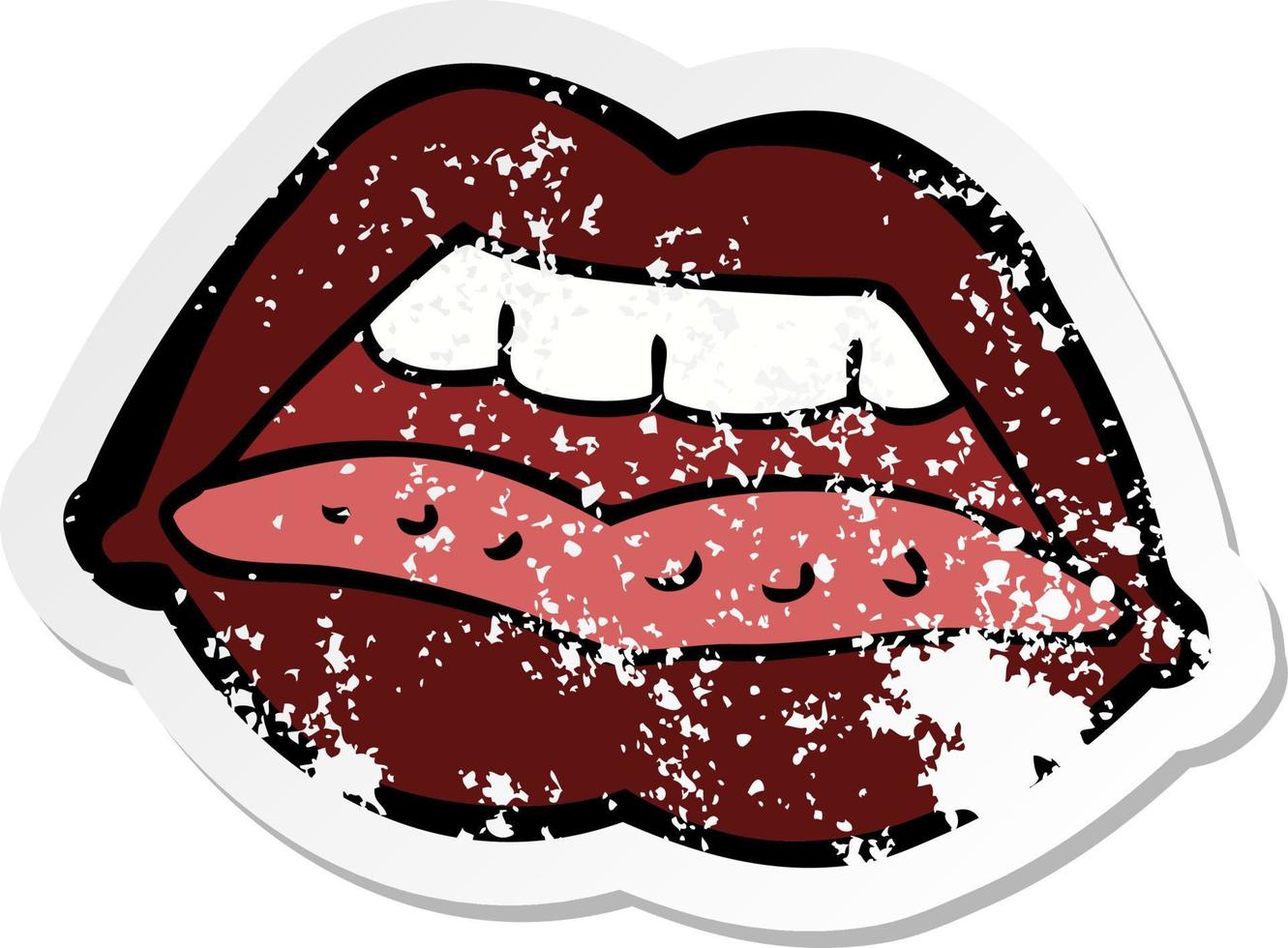 pegatina retro angustiada de un símbolo de labios sexy de dibujos animados vector