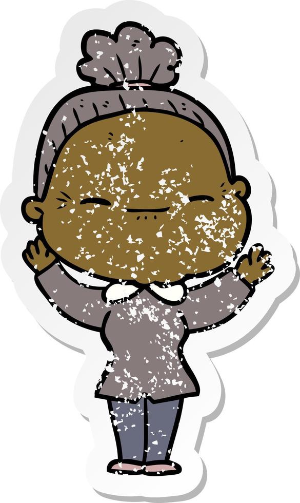 distressed sticker of a cartoon peaceful old woman vector